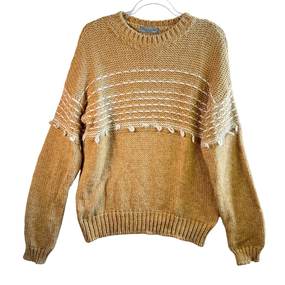 Elsamanda Italy Alpaca Wool Blend Chunky Knit Sweater Tan White Stripe Large‎ L
